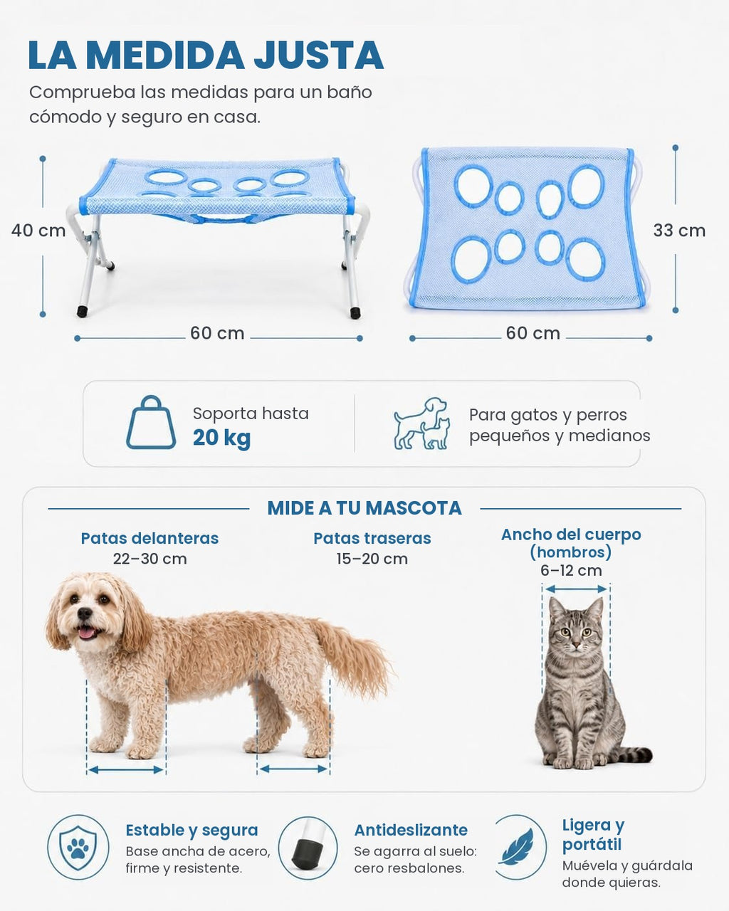 Medidas de la hamaca de baño FrescaPet y guía de tallas